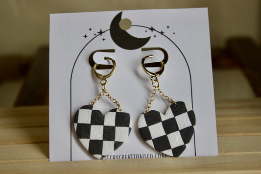 Checkered Heart Dangle Polymer Clay Earrings