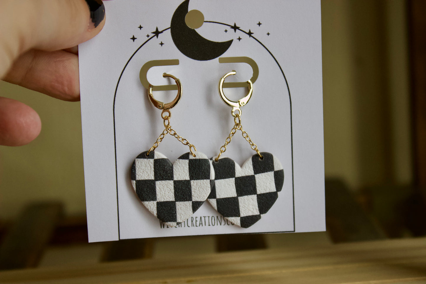 Checkered Heart Dangle Polymer Clay Earrings