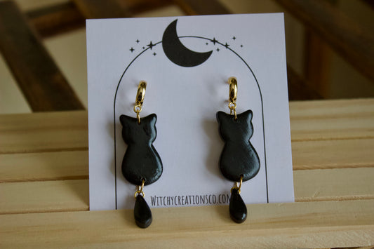 Black Cat Hoop Huggies Polymer Clay Earrings