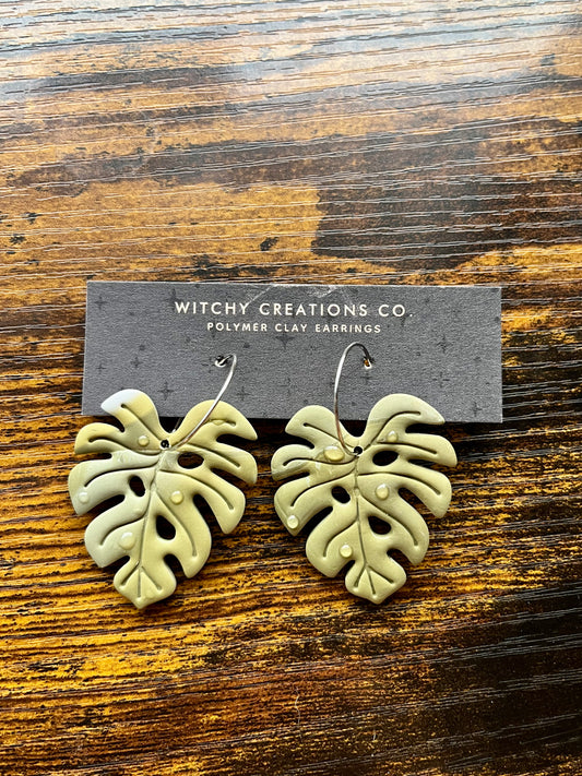 Monstera Leaf Variegated Polymer Clay Dangle Hoop Earrings