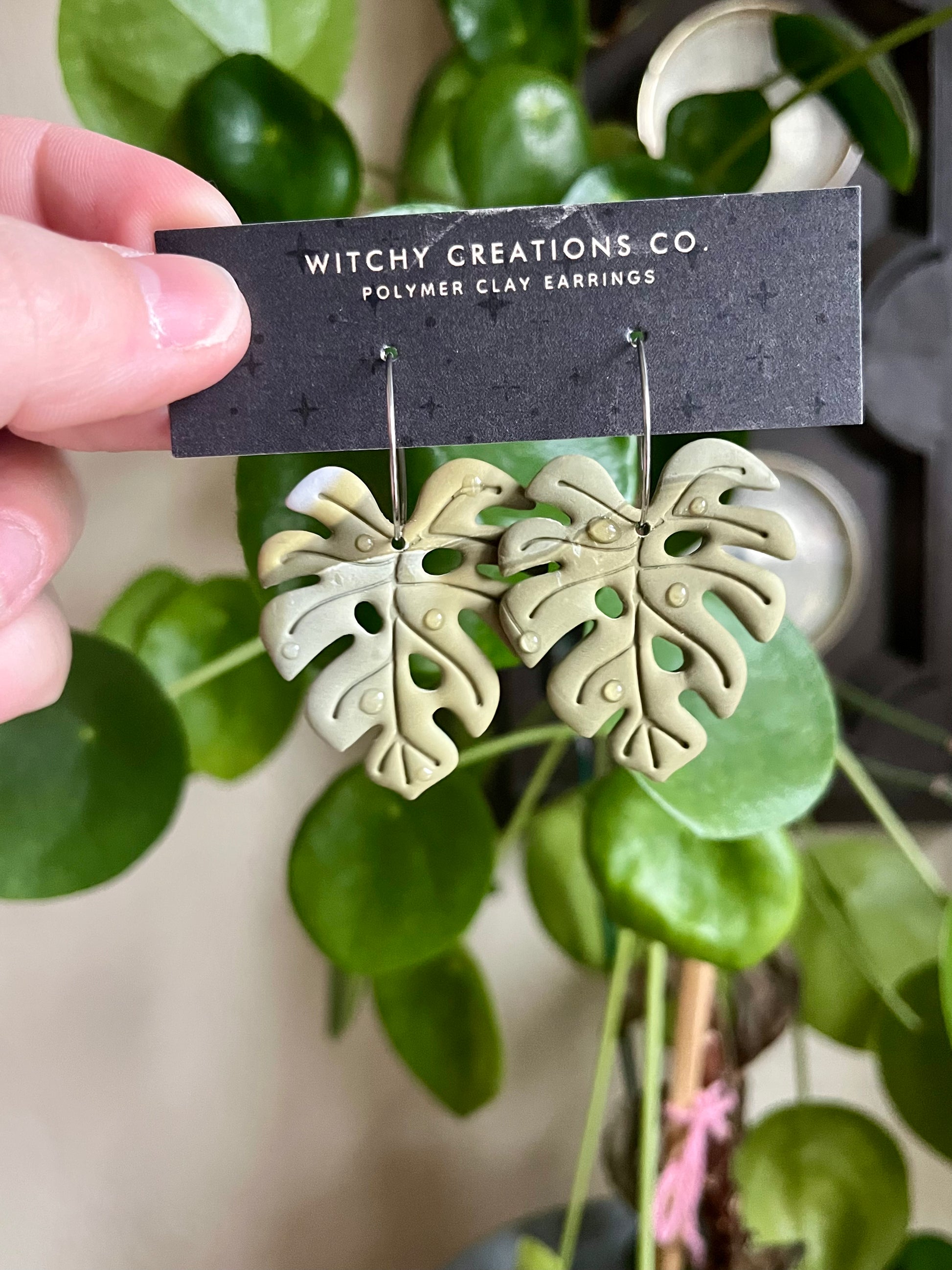 Monstera Leaf Variegated Polymer Clay Dangle Hoop Earrings – Witchy  Creations Co